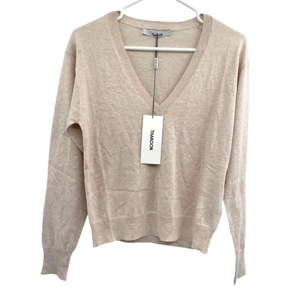 Thakoon Womens V Neck Sweater Cotton Wool Blend Long Sleeve Light Beige Size S
